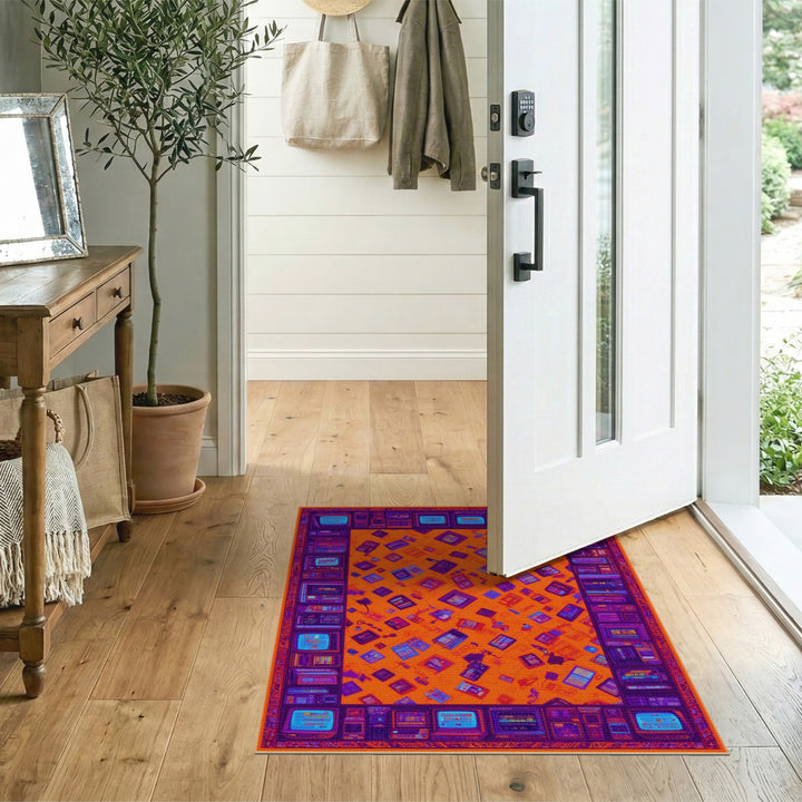 Orange Retro Tech Washable Area Rug