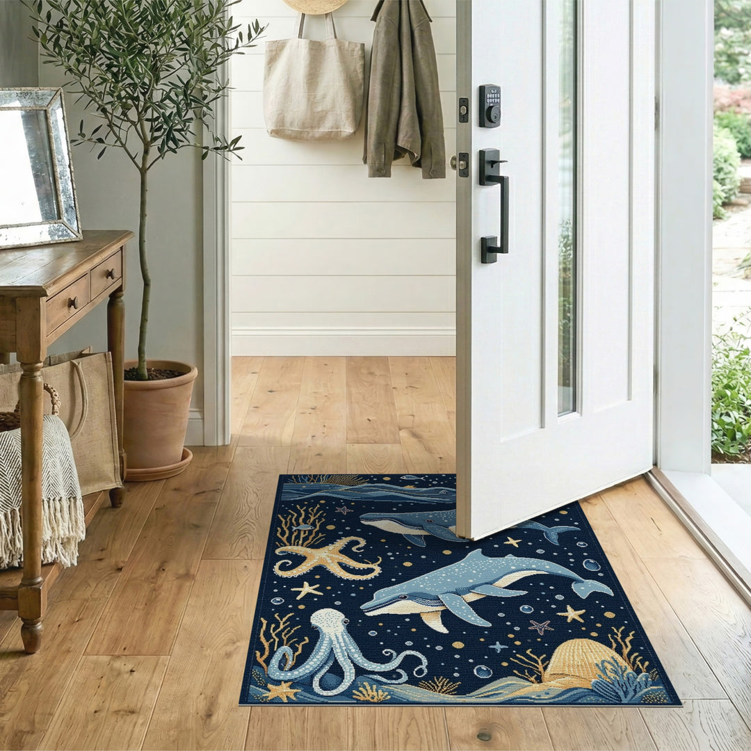 Blue Ocean Whales Area Rug