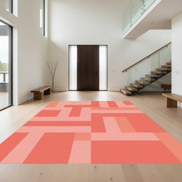 Coral Pink Geometric Interlocking Blocks Rug