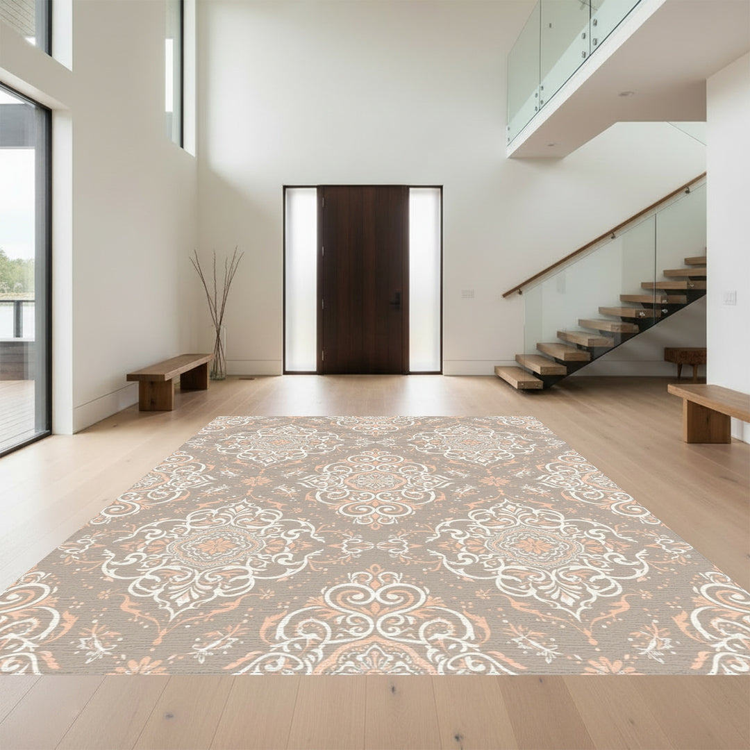 Ornate Taupe Floral Medallion Overlay Rug