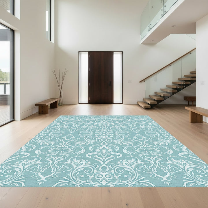 Aqua White Elaborate Scrollwork Rug