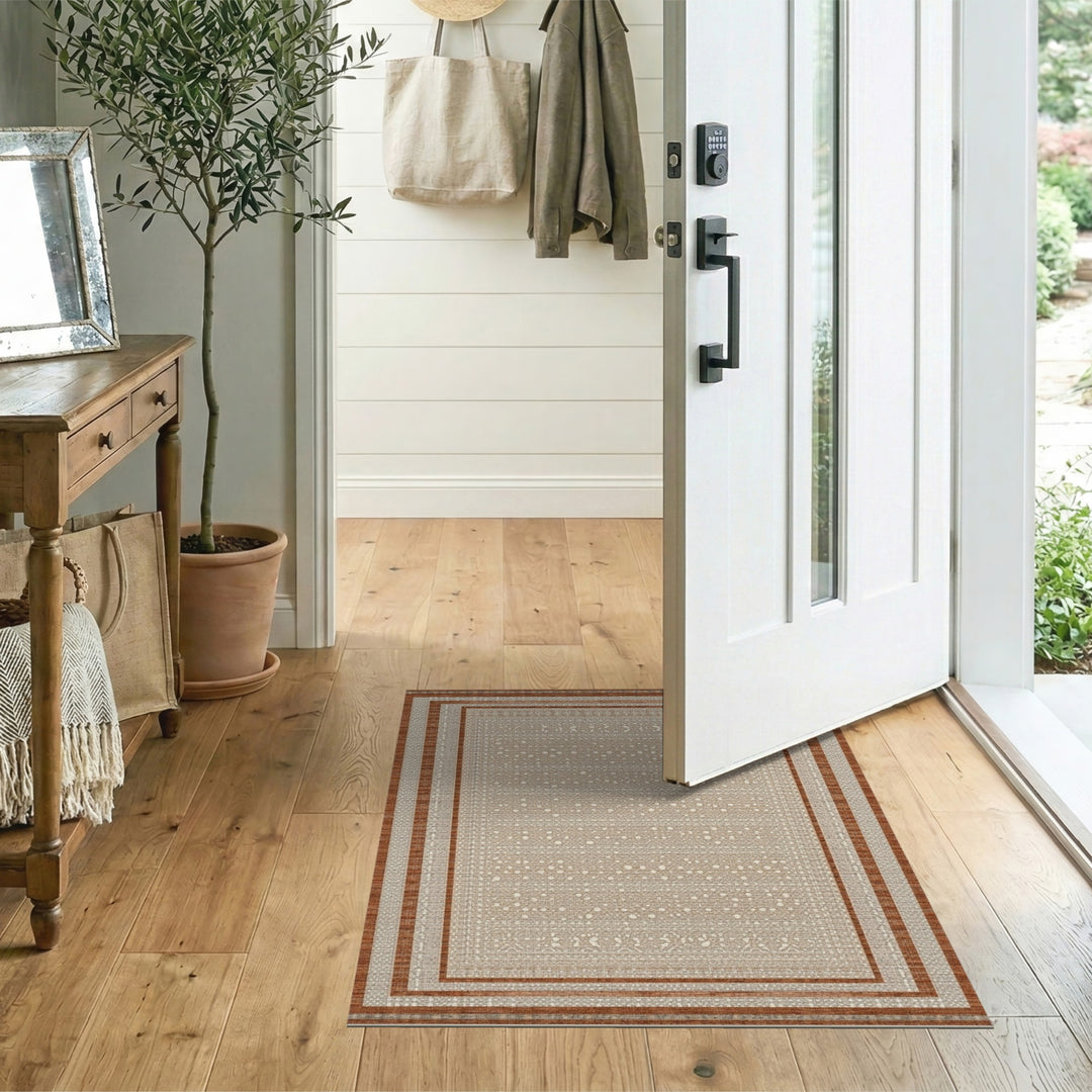 Beige Floral Border Area Rug with Tan Accents