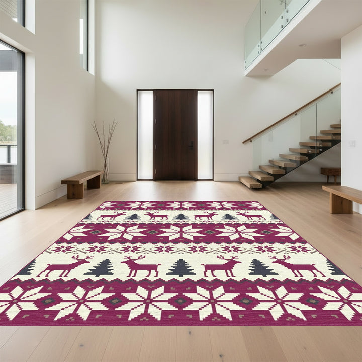Rustic Cranberry Reindeer Forest Stars Rug