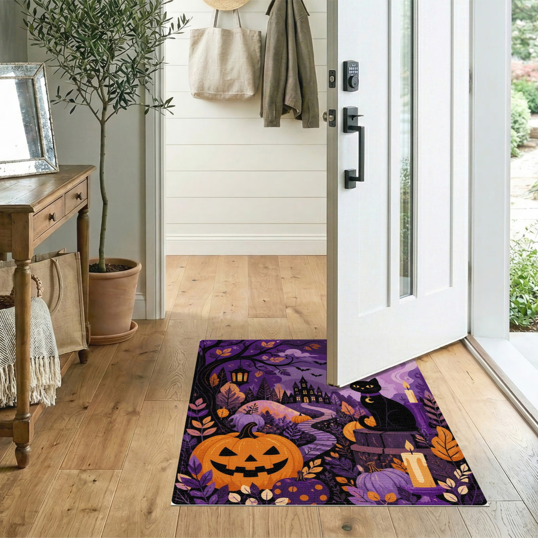 Enchanted Purple Black Cat Pumpkin Area Rug