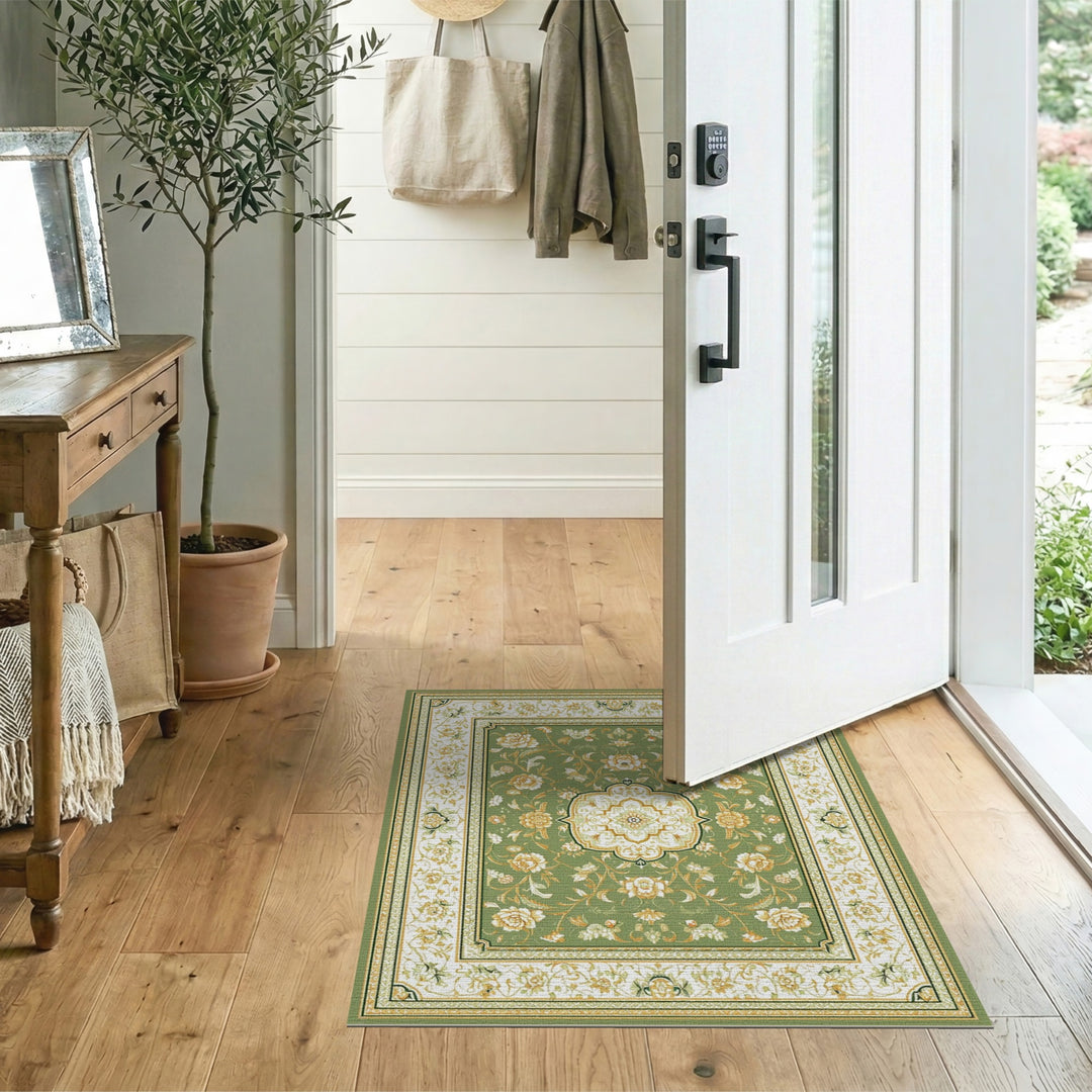 Green Floral Vintage Area Rug