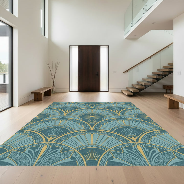 Art Deco Teal Gold Sunburst Rug