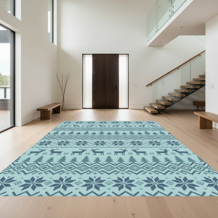 Nordic Blue Deer Snowflake Forest Rug