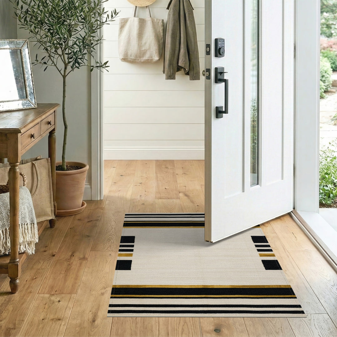 Black and White Black Gold Geometric Striped Area Rug