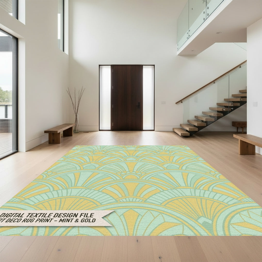 Art Deco Fan Mint Gold Rug