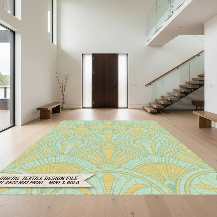 Art Deco Fan Mint Gold Rug