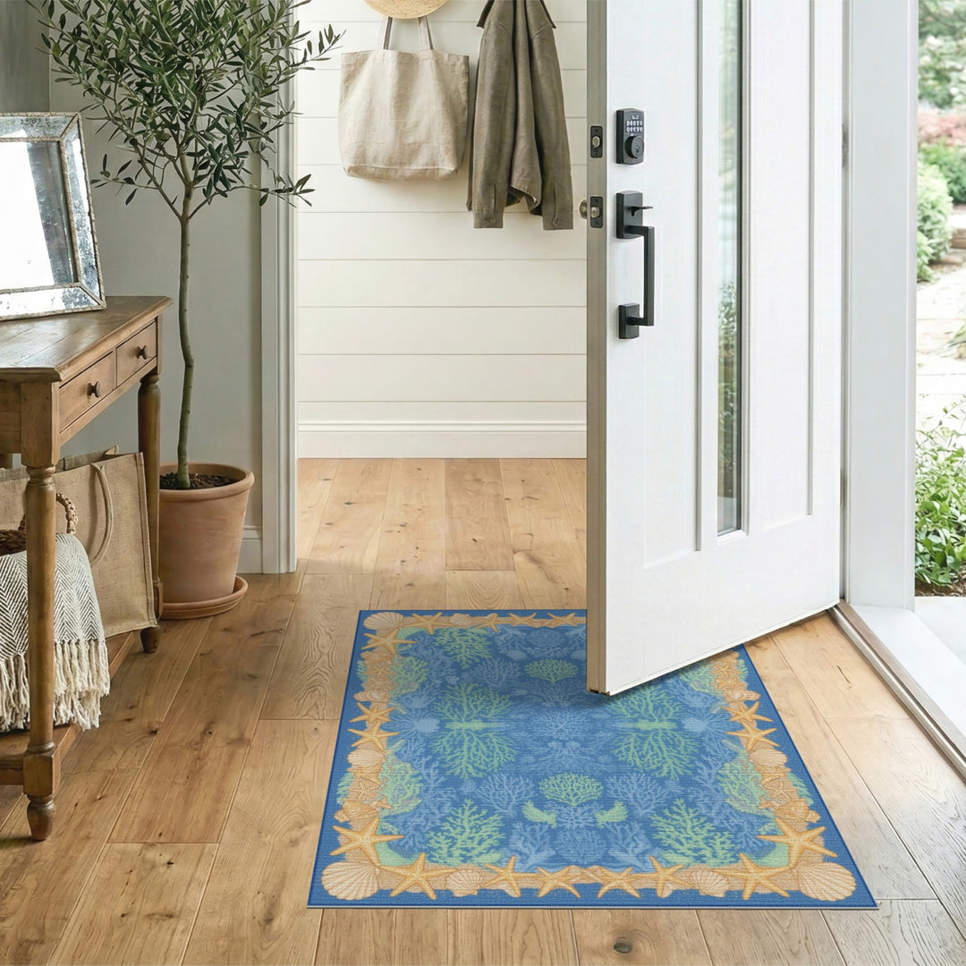 Coastal Beach Blue Coral Reef Coastal Area Rug