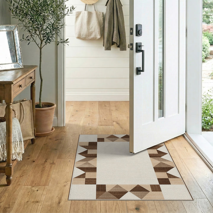 Geometric Brown Tan Border Area Rug