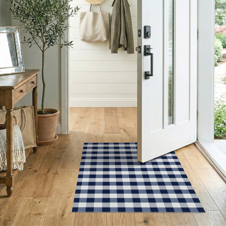 Geometric Modern Navy Blue Gingham Check Area Rug