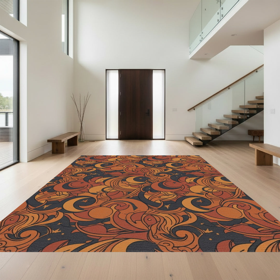 Celestial Crescent Moons Stars Swirls Rug
