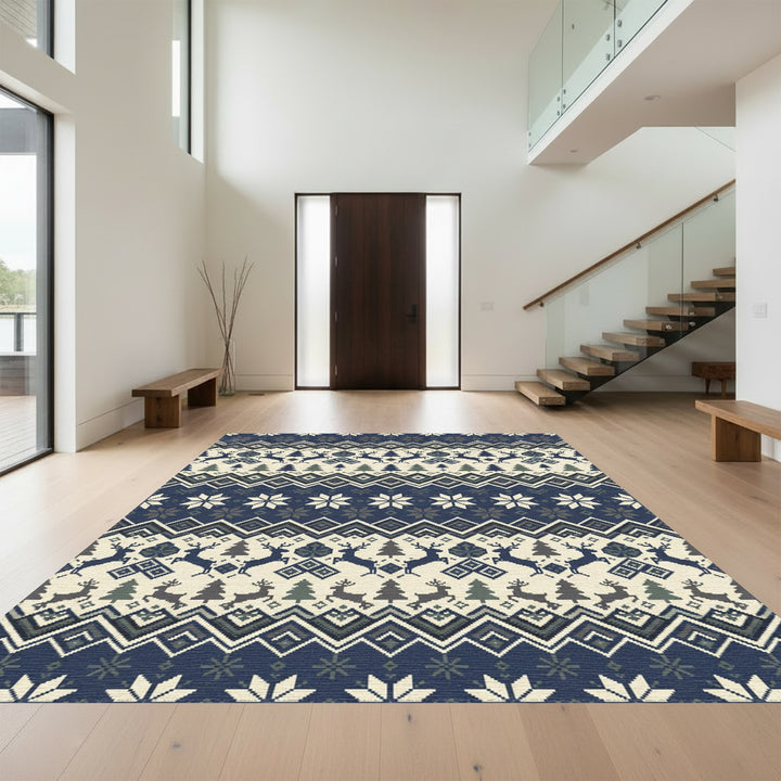 Nordic Reindeer Snowflake Geometric Stripes Rug