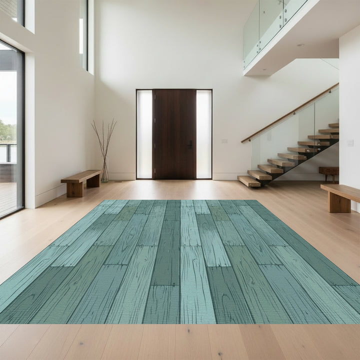 Distressed Wood Plank Teal Rug