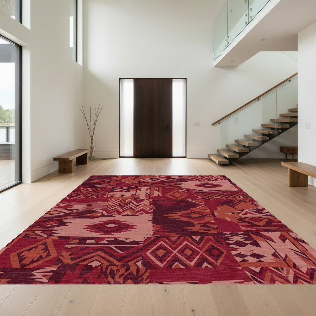 Terracotta Red Patchwork Geometric Medallion Rug
