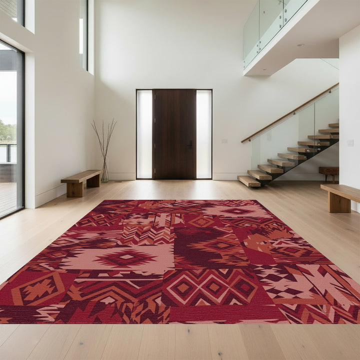 Terracotta Red Patchwork Geometric Medallion Rug