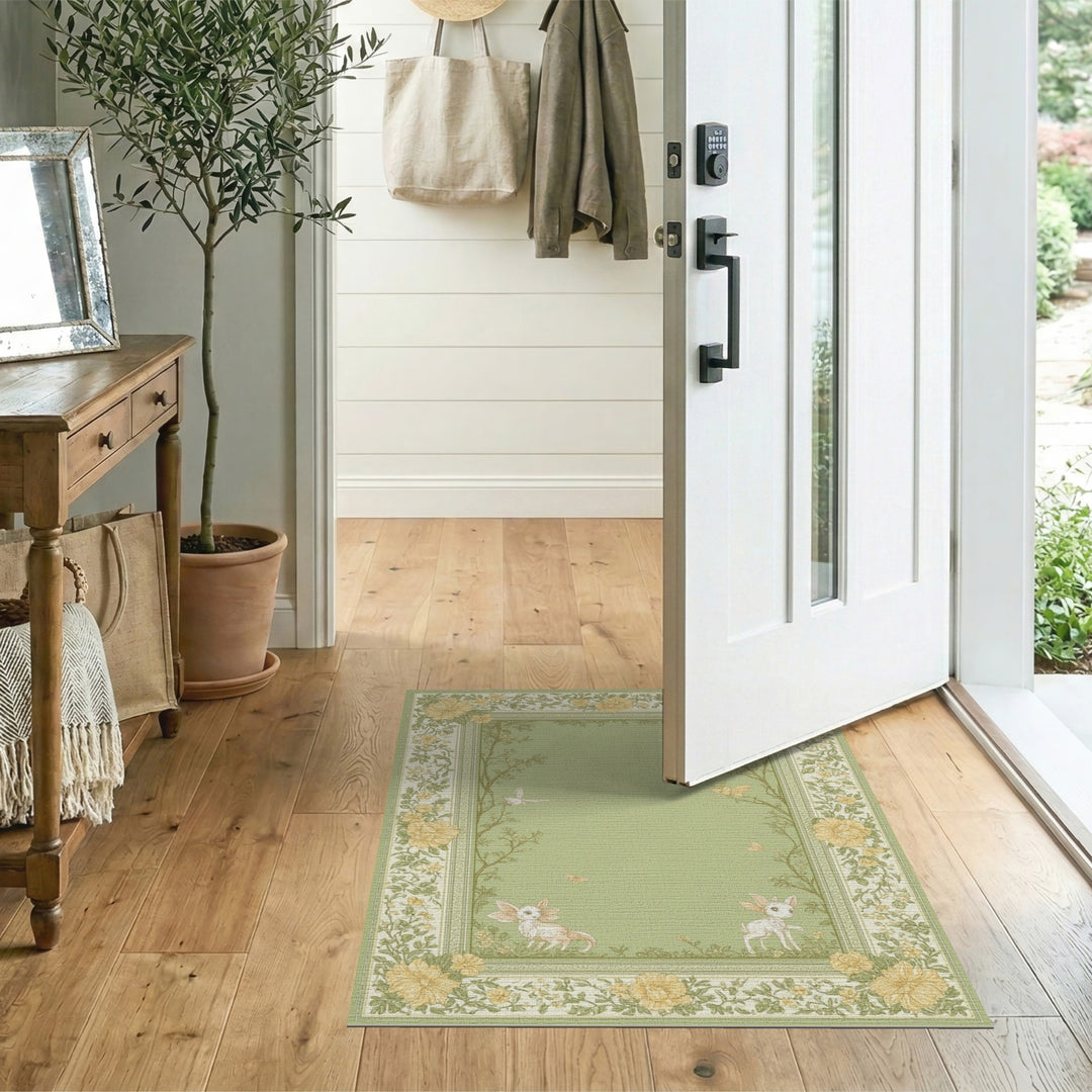 Green Floral Vintage Fawn Area Rug