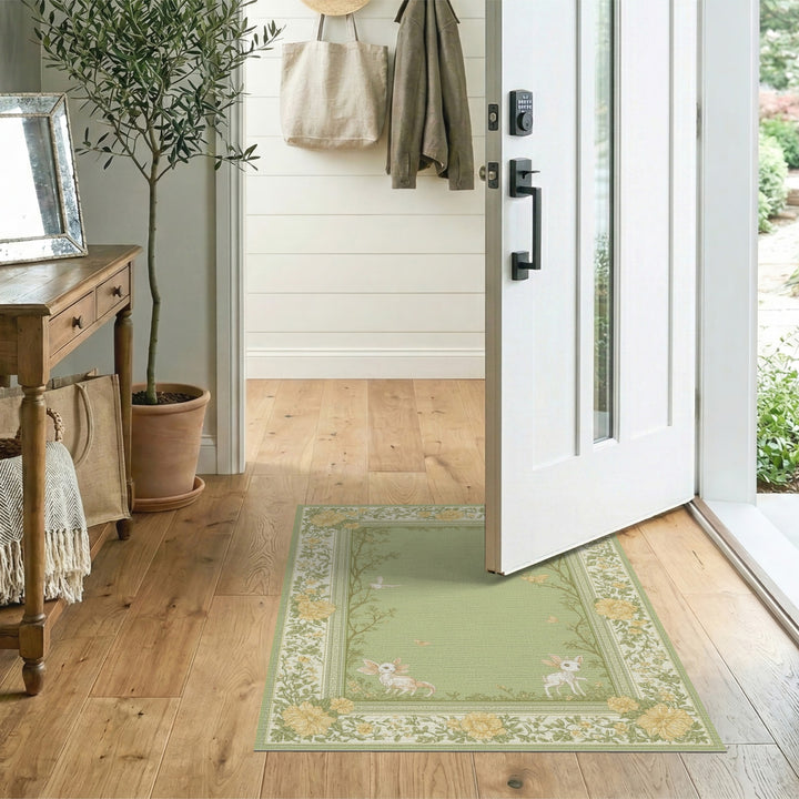 Green Floral Vintage Fawn Area Rug