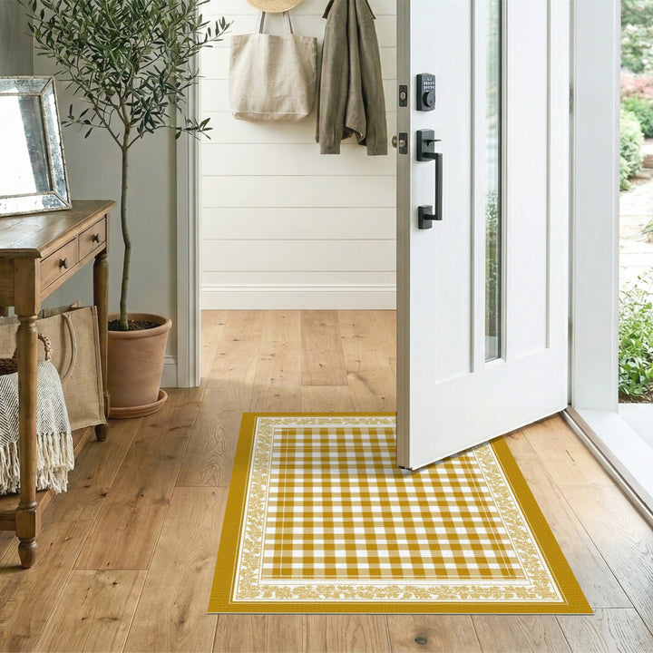 Yellow Gingham Checkered Rug with Floral Border