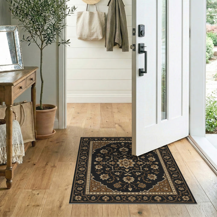 Black and White Black Floral Medallion Persian Area Rug
