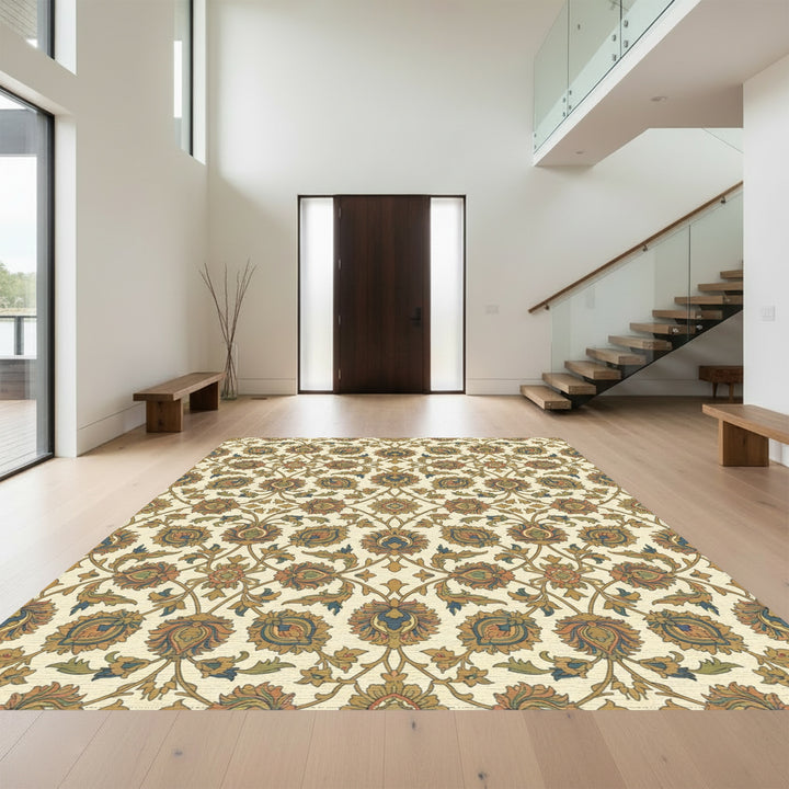 Earthy Gold Floral Medallion Overlay Rug
