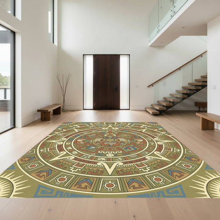 Aztec Sun Stone Earth Tones Medallion Rug