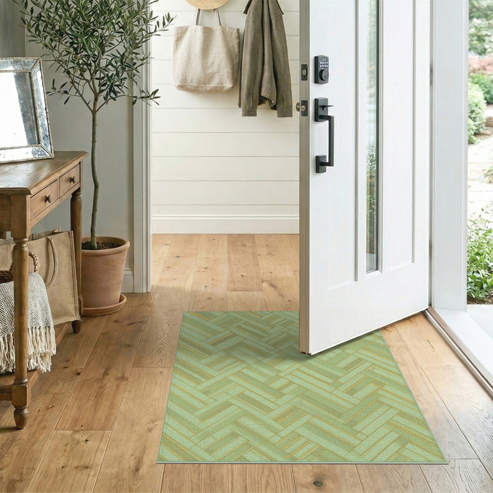 Green Geometric Area Rug with Gold Accents
