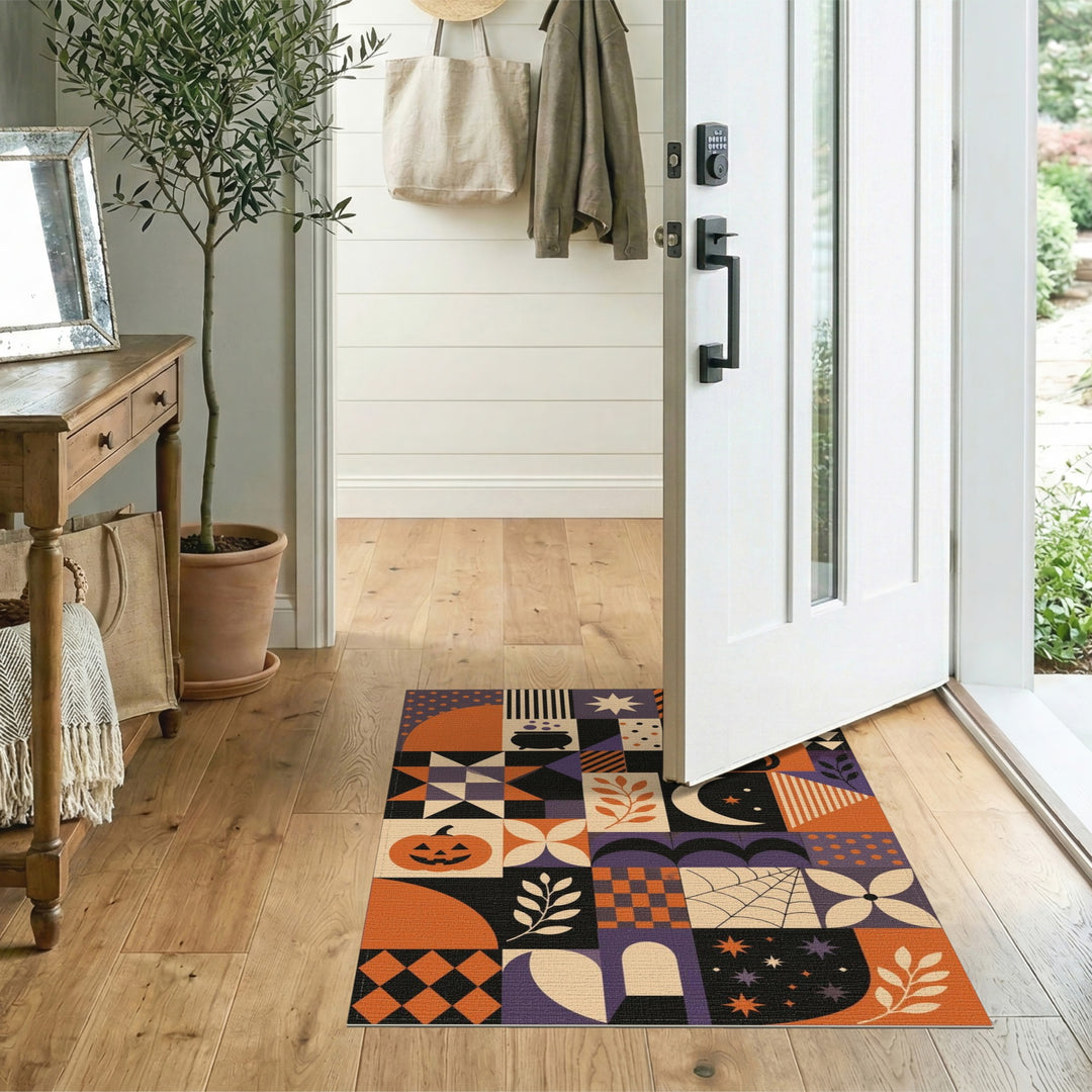 Halloween Geometric Area Rug with Pumpkins and Cats