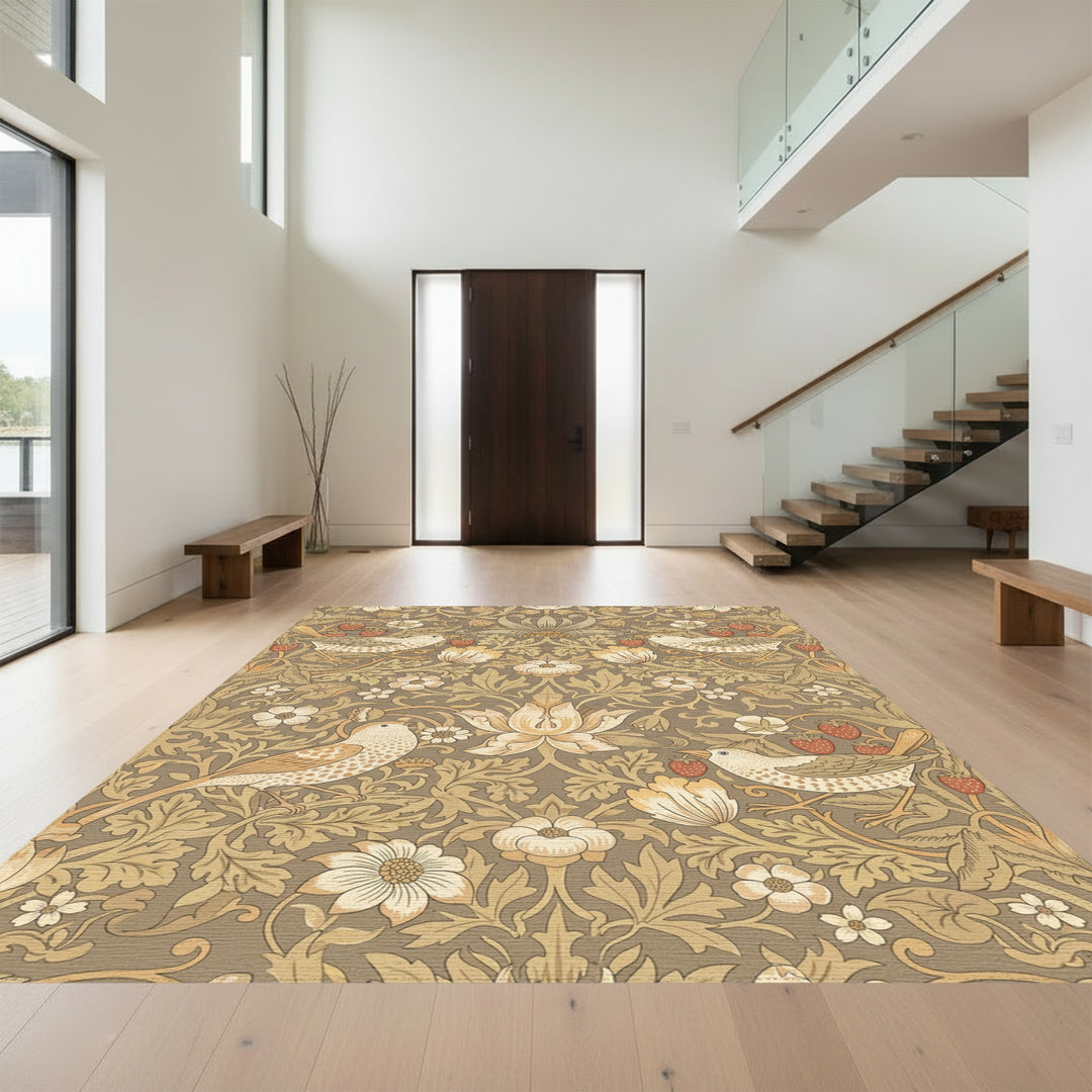 Vintage Brown Bird Strawberry Floral Rug