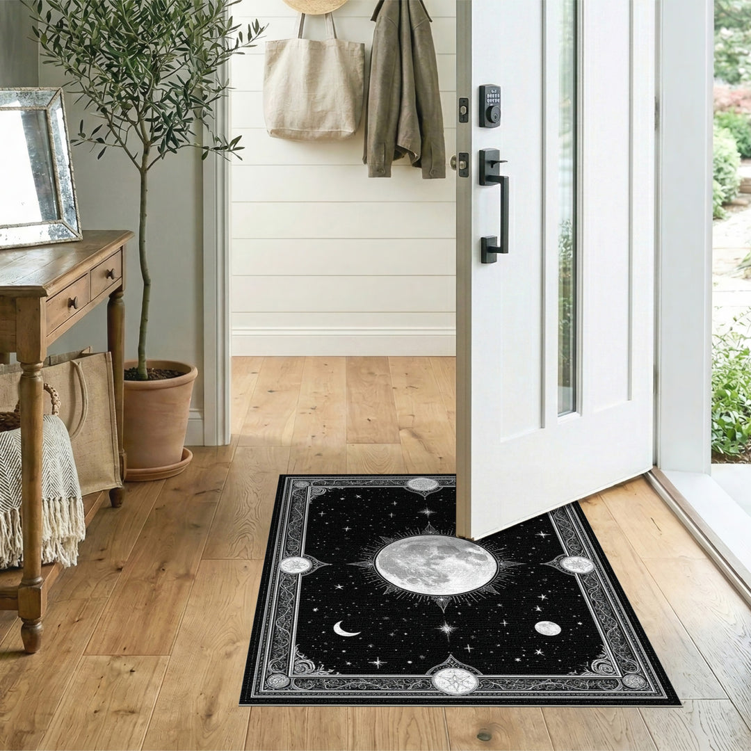 Celestial Moon Phase Black White Area Rug