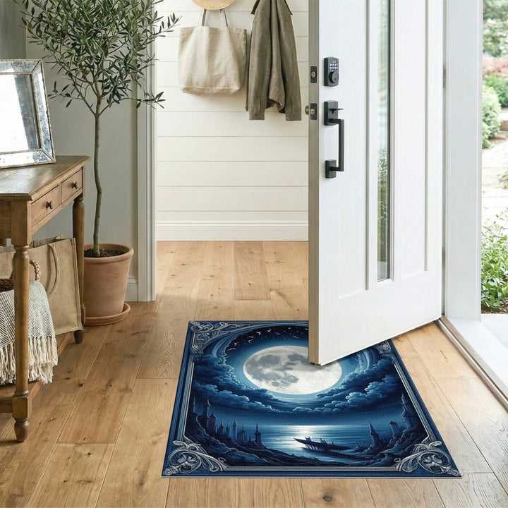 Blue Moonlit Coastal Ruins Area Rug