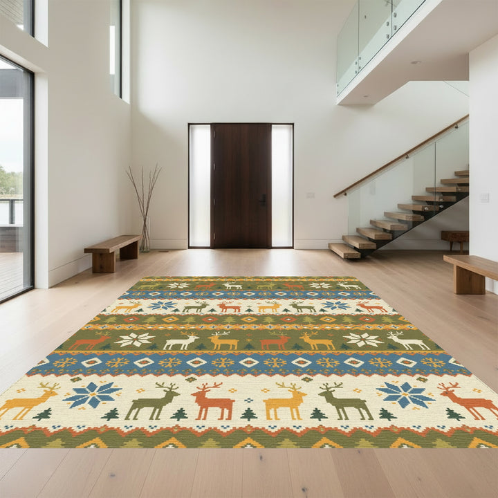 Rustic Reindeer Snowflake Nordic Stripe Rug