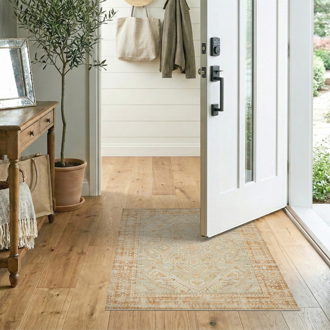 Distressed Beige Geometric Vintage Rug