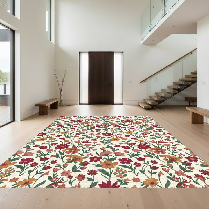 Crimson Orange Floral Blossom Field Rug
