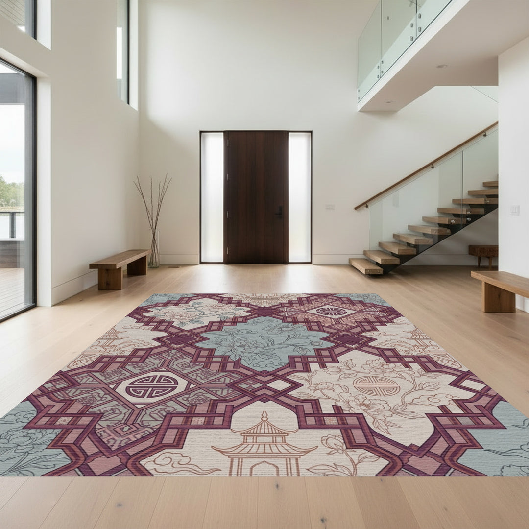 Burgundy Floral Pagoda Lattice Rug