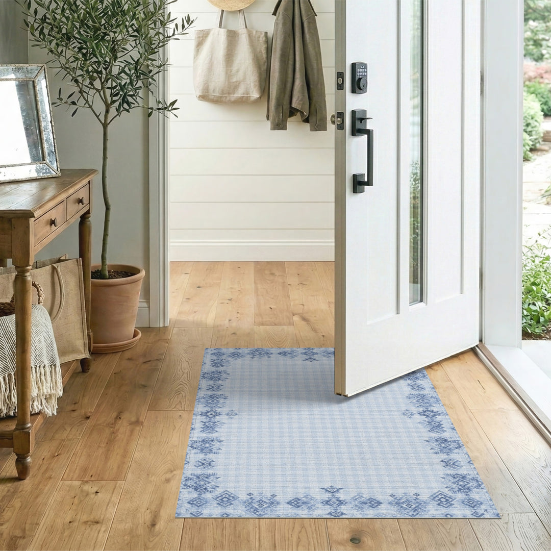 Blue Gingham Tribal Border Area Rug