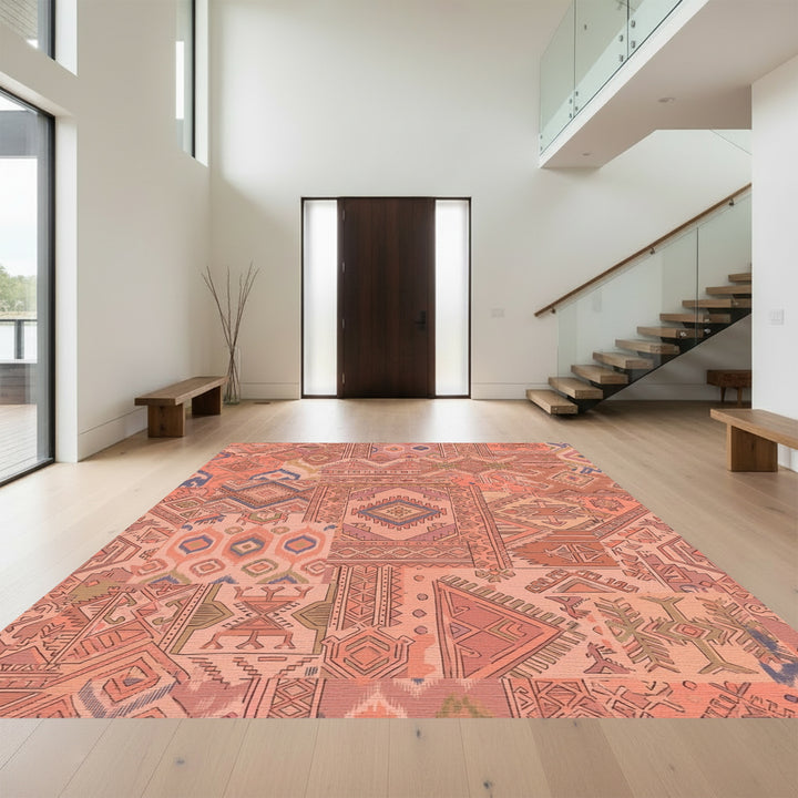 Peachy Coral Patchwork Geometric Medallion Rug