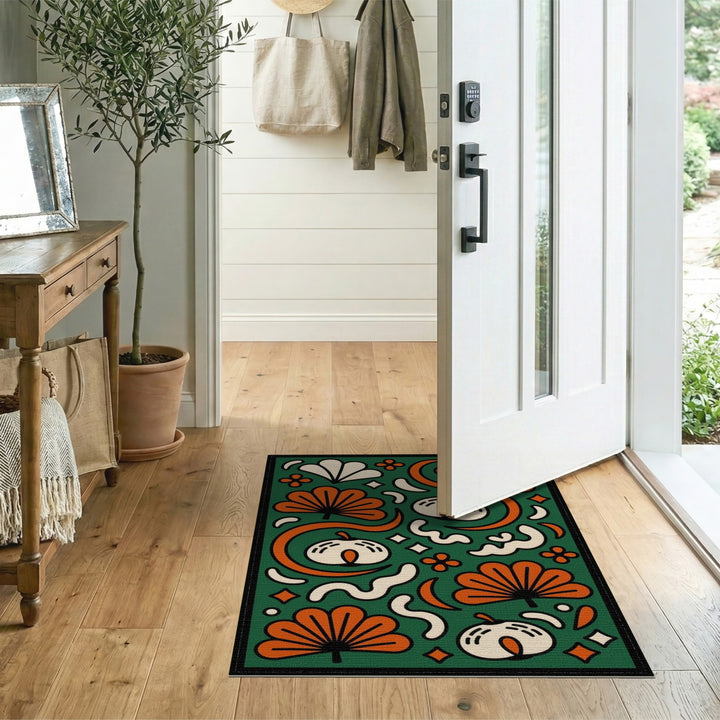 Green Floral Swirl Area Rug