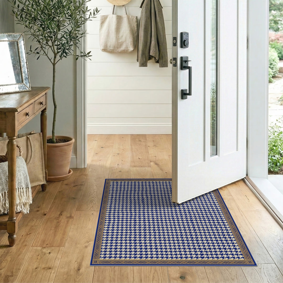 Navy Blue Houndstooth Bordered Area Rug