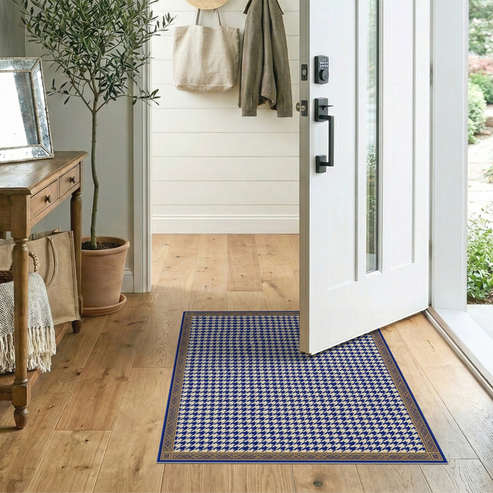 Navy Blue Houndstooth Bordered Area Rug