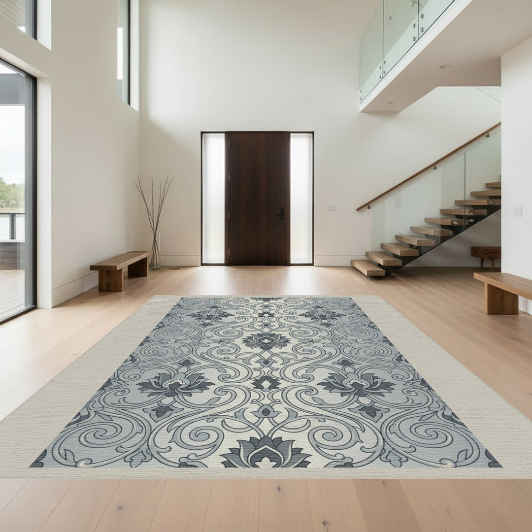 Gray Floral Swirl Damask Rug