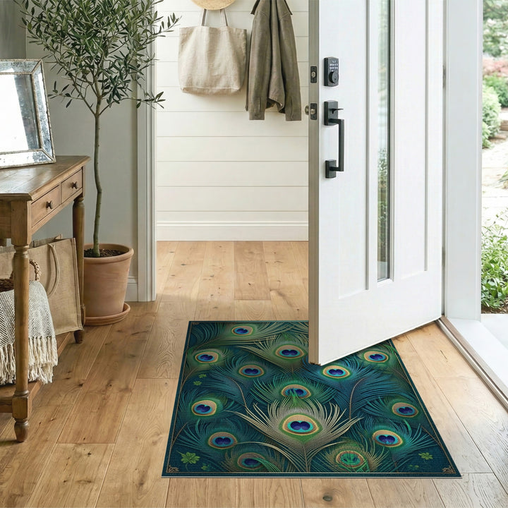 Boho Chic Peacock Feather Blue Teal Washable Area Rug