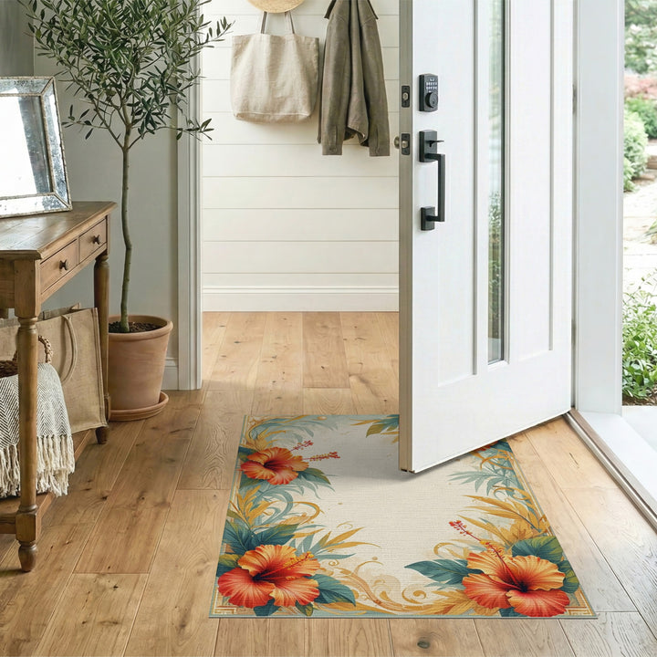 Orange Hibiscus Floral Vintage Area Rug
