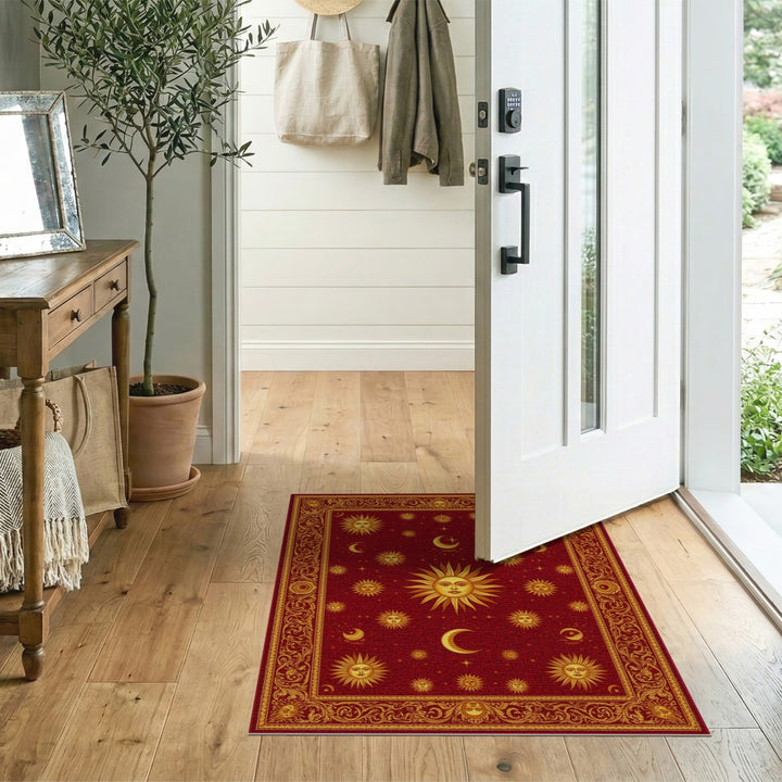 Traditional Persian Red Celestial Sun Moon Area Rug