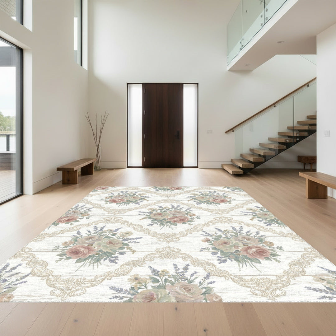 Vintage Floral Lavender Rose Damask Rug
