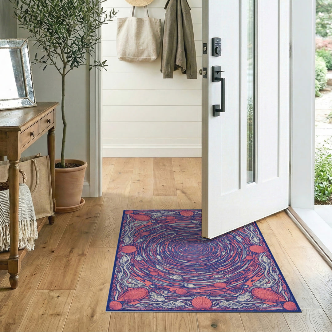 Red Swirling Fish Shells Washable Area Rug