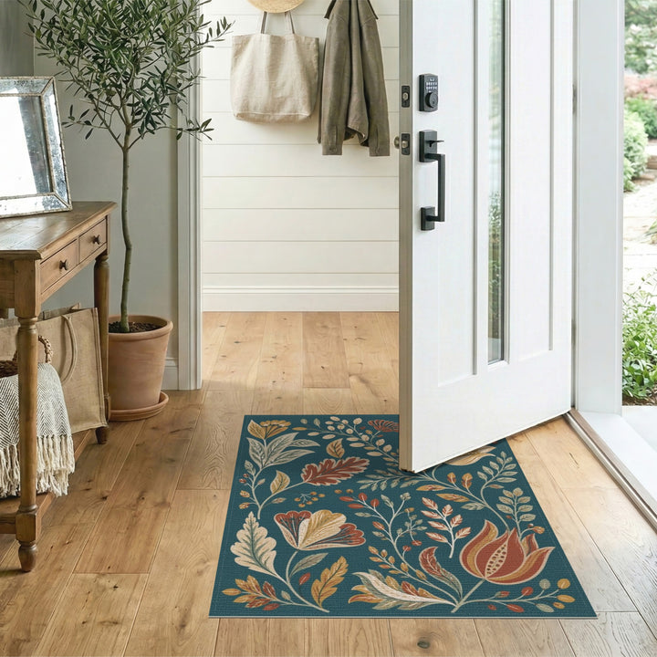 Teal Floral Vintage Washable Blue and Teal Area Rug