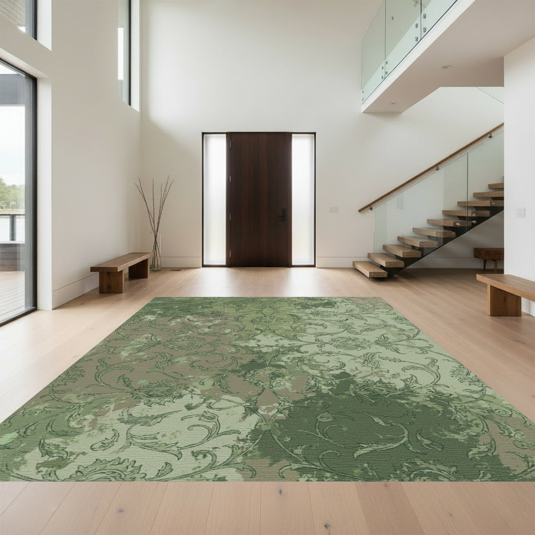 Distressed Green Floral Scroll Rug